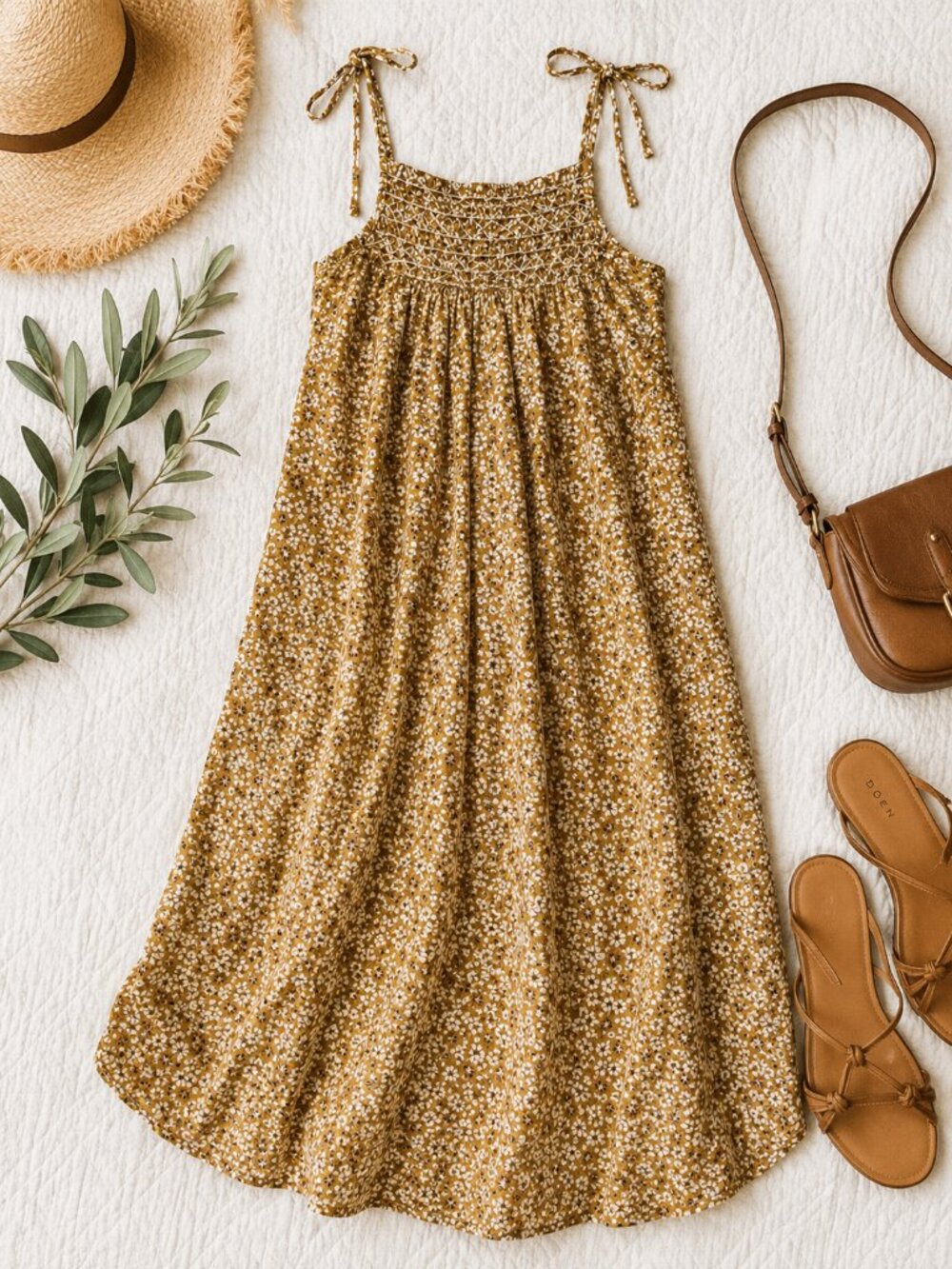 DÔEN Thoreau Dress Golden Mesa Floral Size S Organic Cotton Smocked Midi
